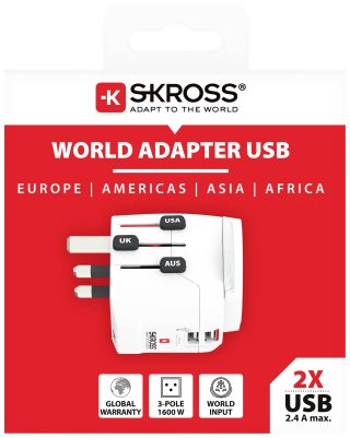 Адаптер SKROSS PRO Light, 2 x USB-A, World, Бял