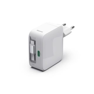 HAMA Бързо зарядно, 65 W, GaN, 2x USB-C, с разтегателен кабел 0.7м, бял