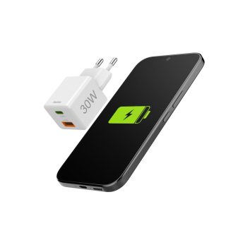 HAMA Бързо мини зарядно, 30 W, 1x USB-C, 1x USB-A, PD, бял