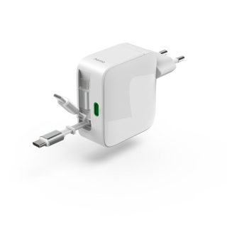 HAMA Бързо зарядно, 30 W, GaN, 2x USB-C, с разтегателен кабел 0.7м, бял