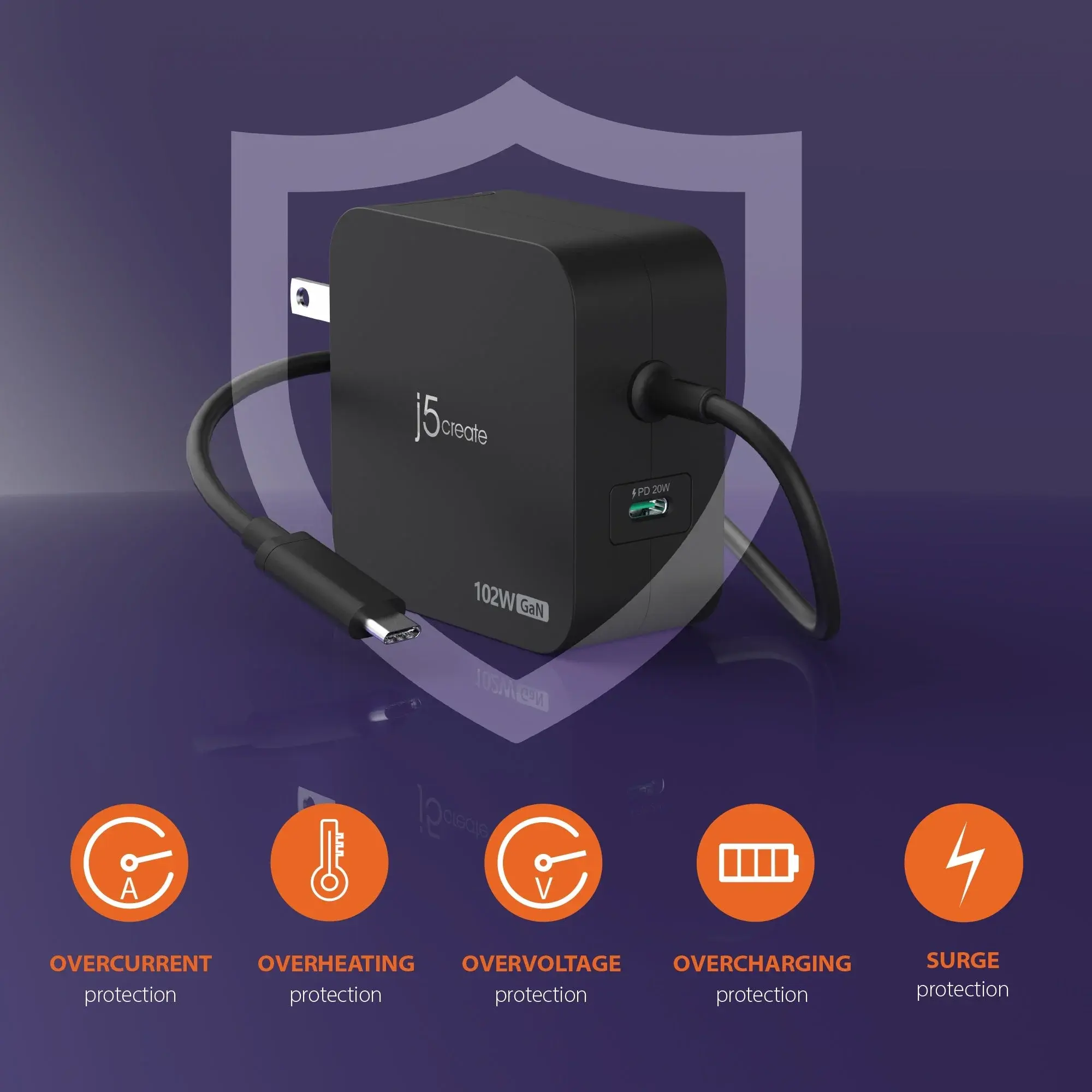 j5create JUP25102V Зарядно 220V-  GaN 102W  USB-C 2порта- за лаптопи, таблети, телефони