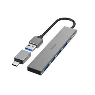 HAMA USB хъб, 4 порта, USB 3.2 Gen 1, 5 Gbit/s, ултратънък, вкл. USB-C адаптер