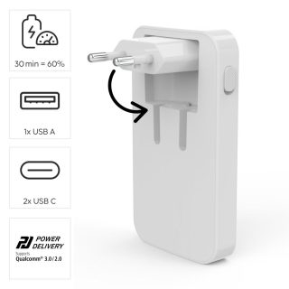 HAMA Бързо мини зарядно, 65W, 2x USB-C, 1x USB-A, PD, плоско, бяло