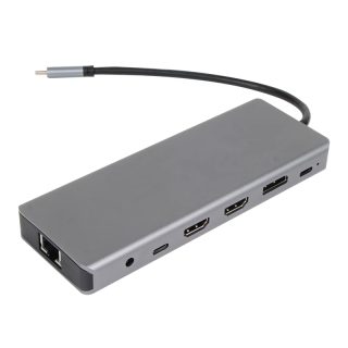 VCom докинг станция Docking Station USB-C 13-in-1 - CU4706 - HDMI x 2, DP, USB3.0 x 3, USB-C, USB2.0, RJ45, SD/TF, PD100W, Audio, L-Shape USB-C