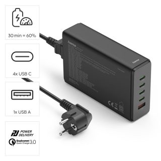 HAMA Зарядна станция 240 W, GaN, Fast Charger, 4 x USB-C, 1 x USB-A, PD