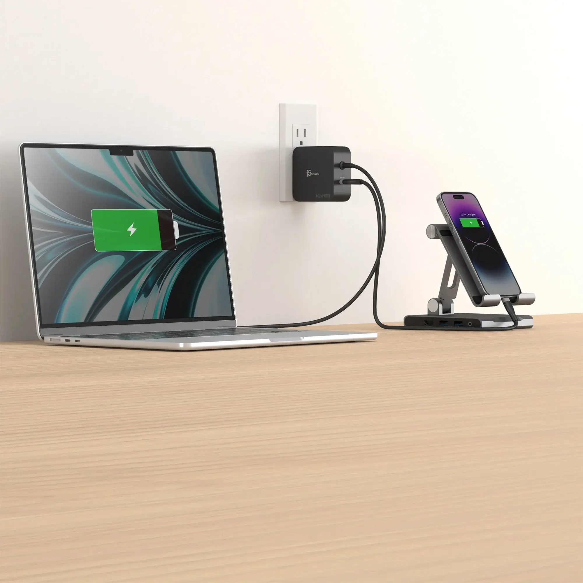 j5create JUP25102V Зарядно 220V-  GaN 102W  USB-C 2порта- за лаптопи, таблети, телефони