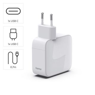 HAMA Бързо зарядно, 30 W, GaN, 2x USB-C, с разтегателен кабел 0.7м, бял