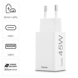 HAMA Бързо мини зарядно, 45 W, 1x USB-C - 1x USB-A, PD, бяло