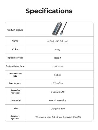 Orico хъб HUB USB3.0 4 port, Aluminium, Grey - PDD4U-U3-015-GY