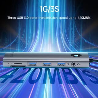 Orico докинг станция Docking Station Type-C - PW11-9P-GY-EP - HDMI x 1, VGA x 1, USB3.0 x 3, USB-C PD100W x 1, LAN x 1 (1Gbps), SD/TF