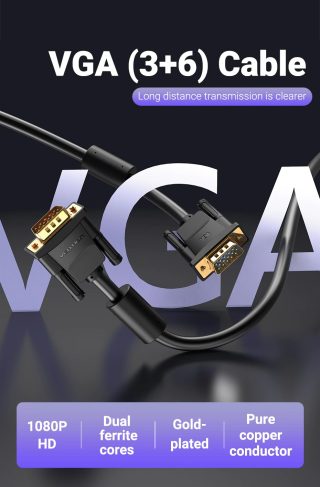 Vention Кабел за монитор Cable VGA HD15 M / M 1.5m Gold Plated, 2 Ferrites - DAEBG