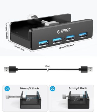 Orico хъб USB 3.0 HUB Clip Type 4 port, Black - MH4PU-BK