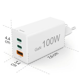 HAMA Бързо зарядно 220V, 100 W GaN, 2x USB-C PD, 1x USB-A QC