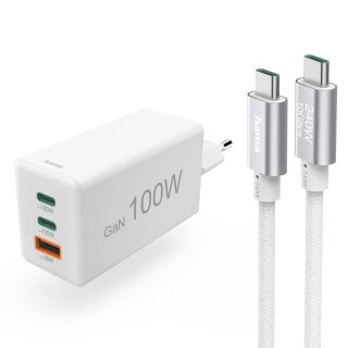 HAMA Комплект Бързо зарядно и кабел за зареждане, 100 W GaN, 2x USB-C PD, 1x USB-A QC