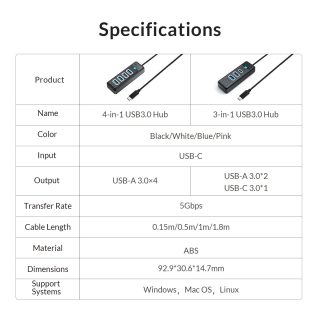 Orico хъб HUB USB3.1 3 port - 2 x USB3.0, 1 x Type C, Black - PWC2U-C3-015-BK