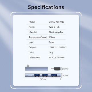 Orico хъб USB3.0/2.0 HUB 3 port TYPE C, Aluminum - AH-W13-GY