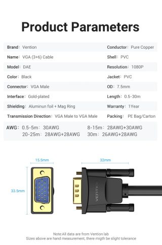 Vention Кабел за монитор Cable VGA HD15 M / M 1.5m Gold Plated, 2 Ferrites - DAEBG