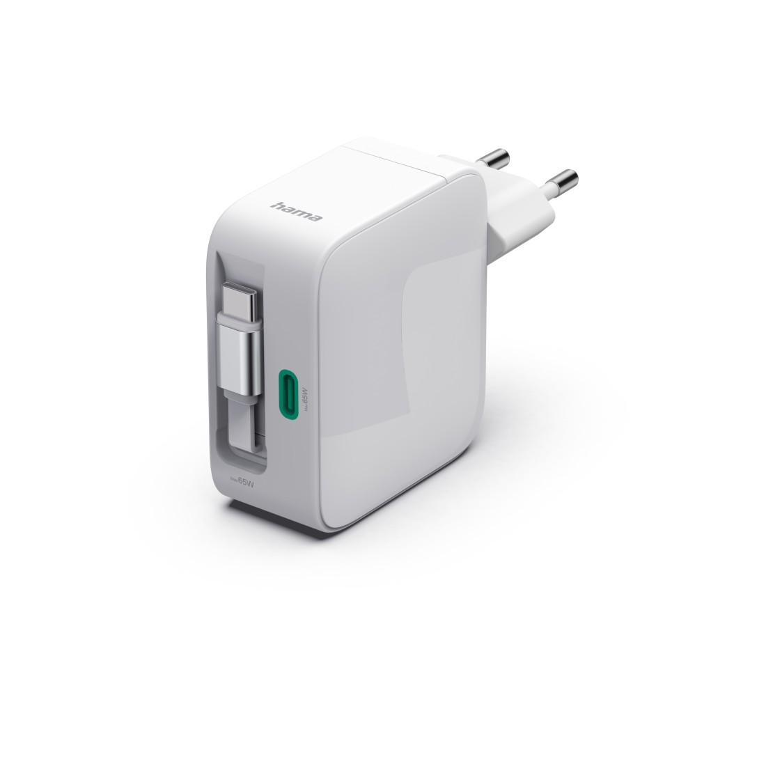 HAMA Бързо зарядно, 65 W, GaN, 2x USB-C, с разтегателен кабел 0.7м, бял