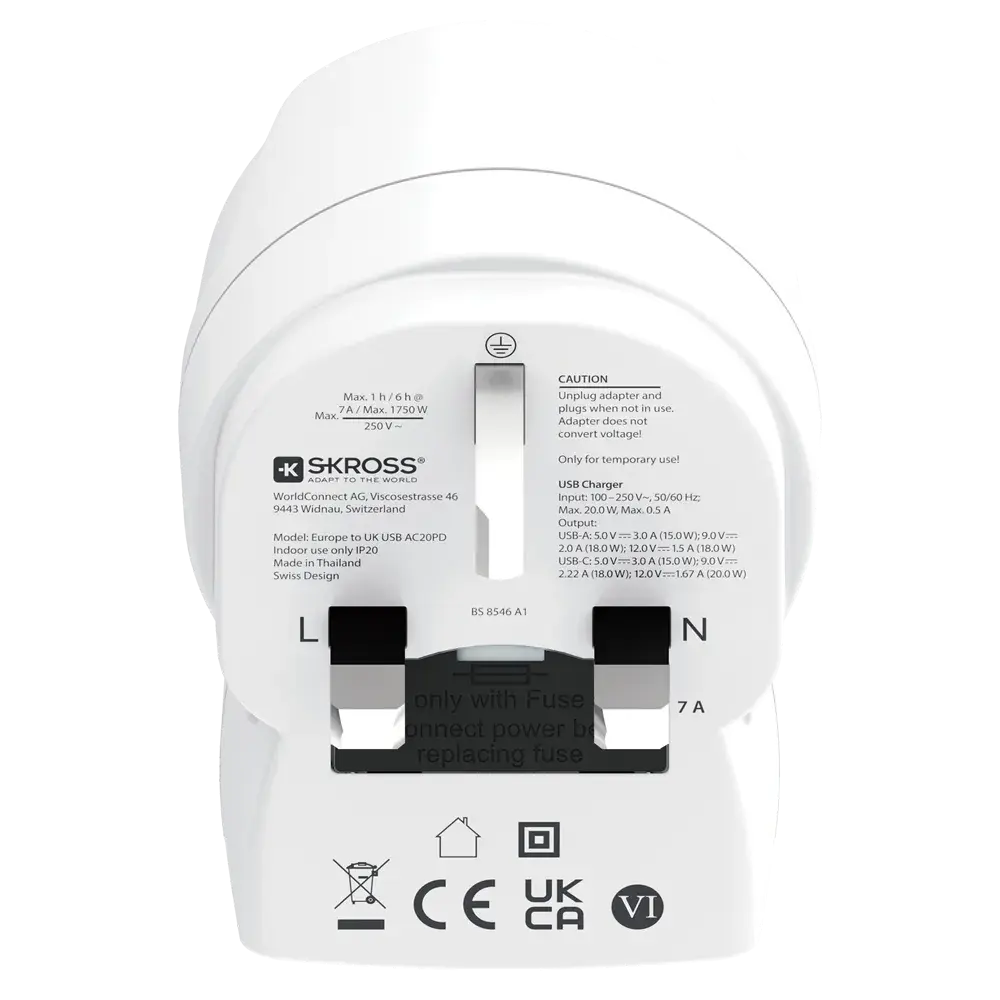 Skross универсален адаптер Europe to UK + 1 x USB  A/C порт, 20W 1500283E
