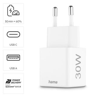 HAMA Бързо мини зарядно, 30 W, 1x USB-C, 1x USB-A, PD, бял