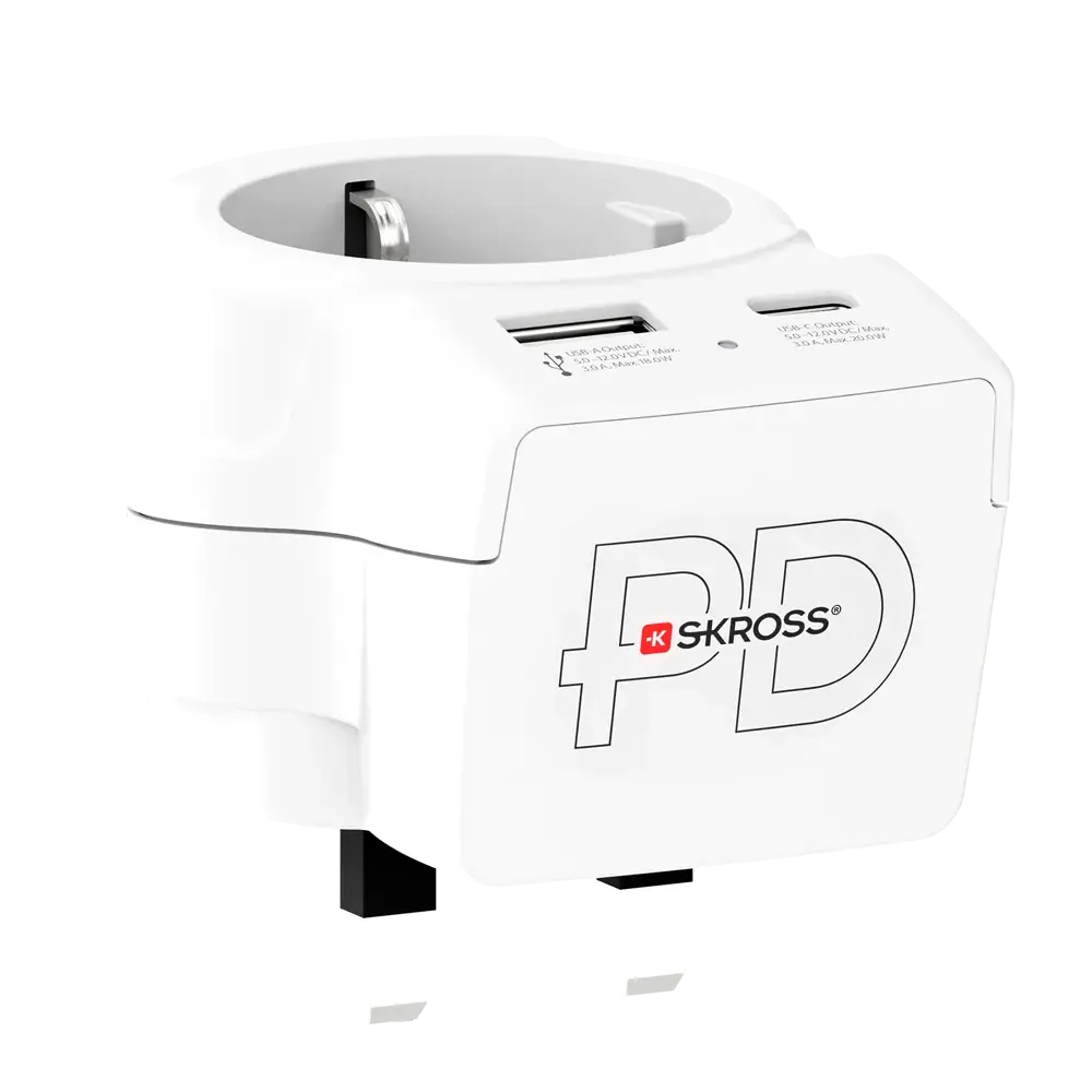 Skross универсален адаптер Europe to UK + 1 x USB  A/C порт, 20W 1500283E