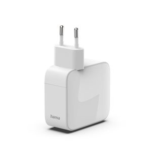 HAMA Бързо зарядно, 65 W, GaN, 2x USB-C, с разтегателен кабел 0.7м, бял