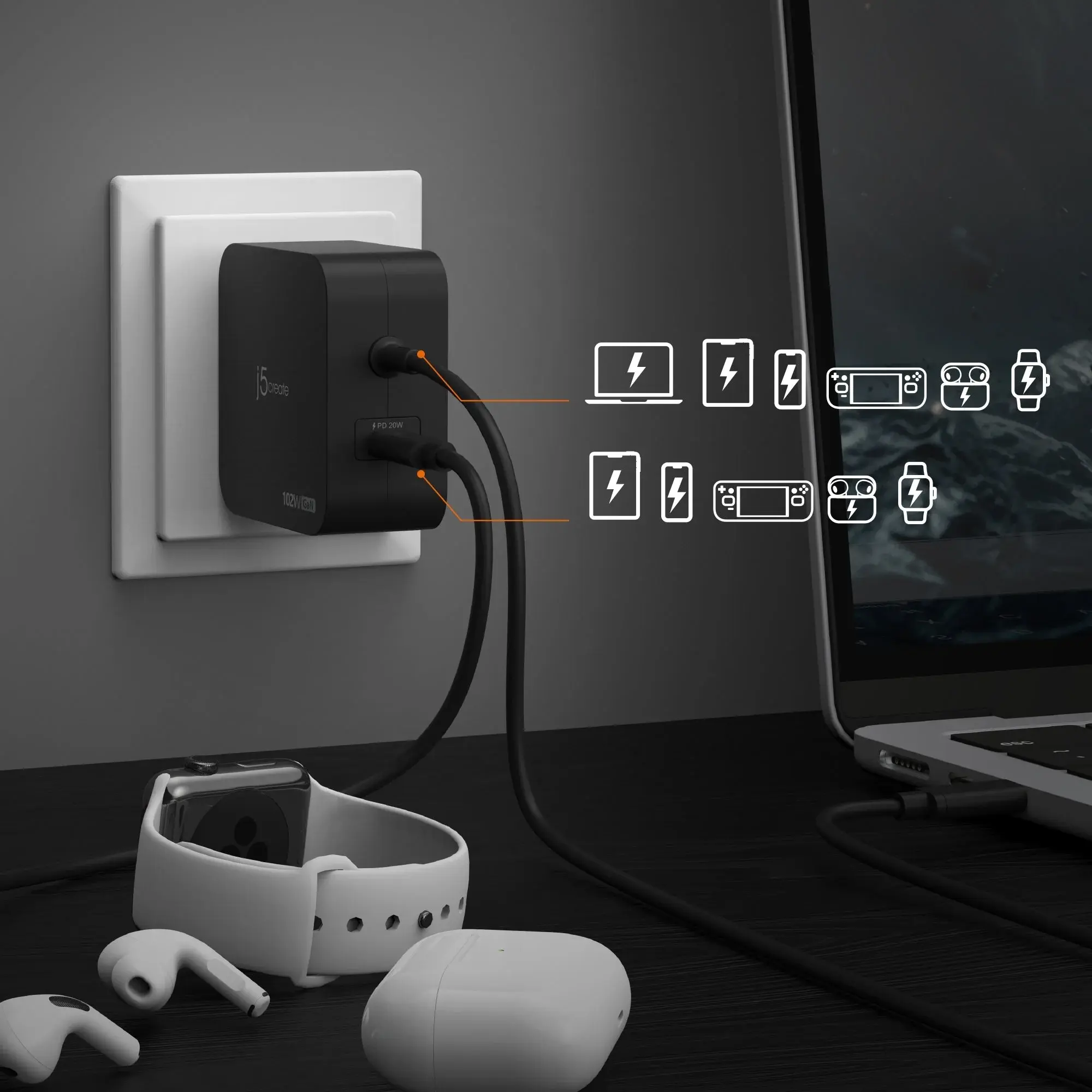 j5create JUP25102V Зарядно 220V-  GaN 102W  USB-C 2порта- за лаптопи, таблети, телефони