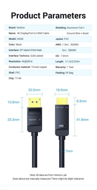 Vention кабел Cable DisplayPort to HDMI 1.5m - 4K, Gold Plated - HAGBG