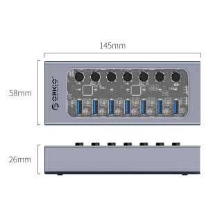 Orico хъб USB3.0 HUB 7 port with Power Adapter, On/Off buttons, Aluminium - AT2U3-7AB-EU-GY