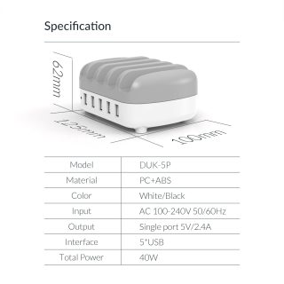 Orico зарядна станция за мобилни устройства Charger Station 220V - 5 x USB 40W White - DUK-5P-EU-WH
