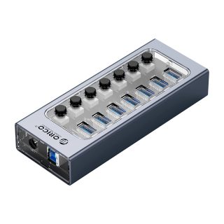 Orico хъб USB3.0 HUB 7 port with Power Adapter, On/Off buttons, Aluminium - AT2U3-7AB-EU-GY